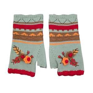 Sage 3D Floral  Embroidered Crochet Trim Knit Fingerless Gloves